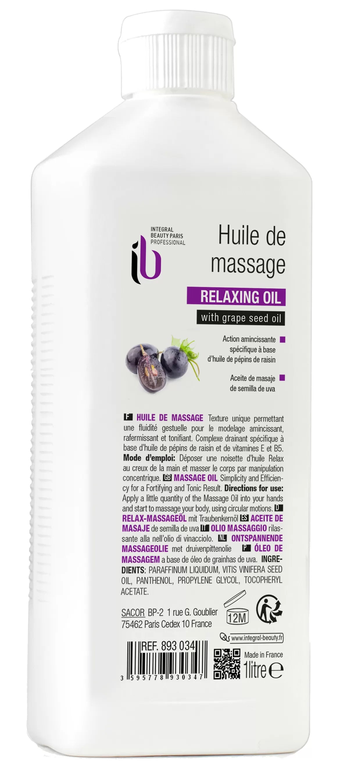 Huile de Modelage Visage et Corps 1L - Pépins de Raisin, Vitamines E et B5