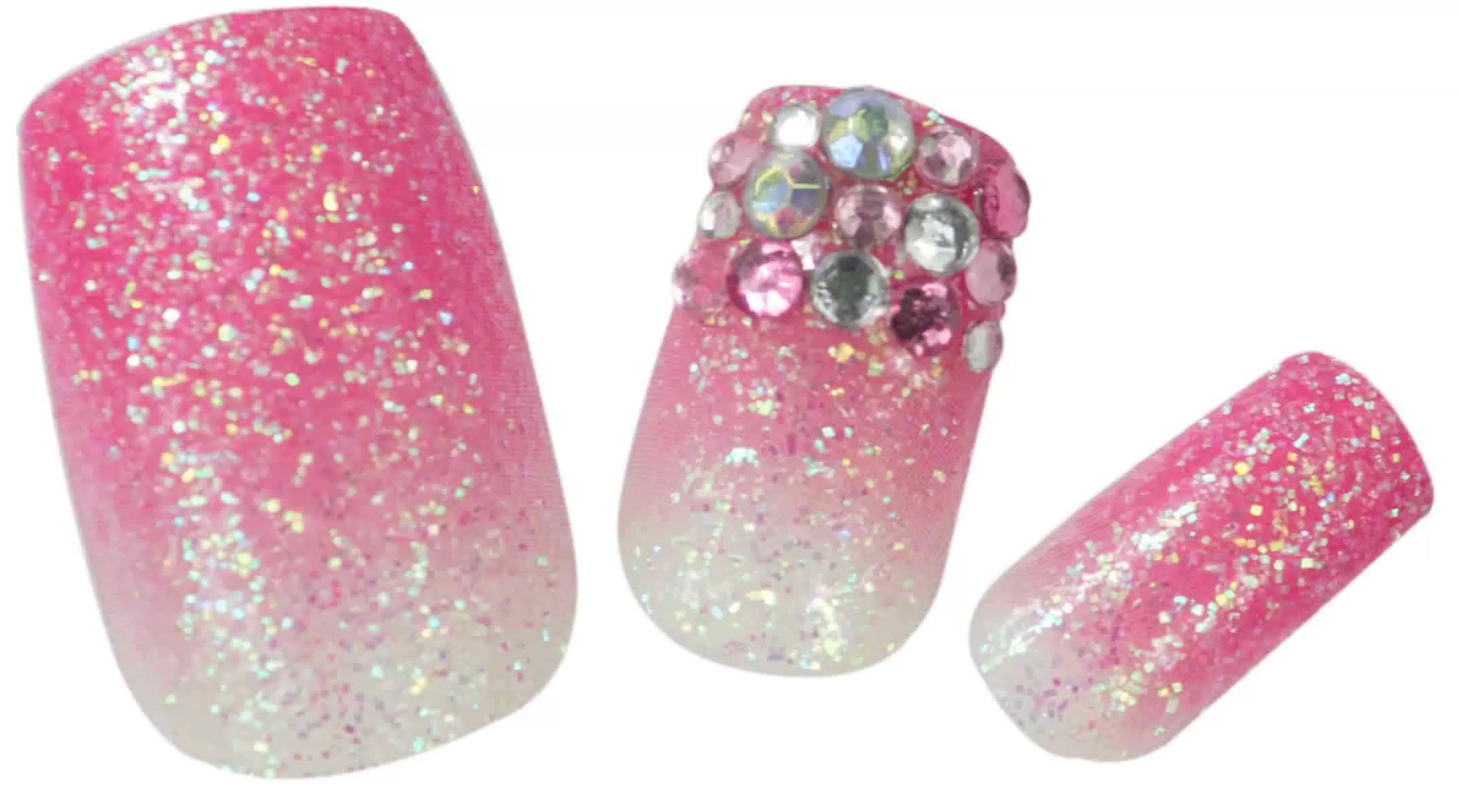 Fake Nails x24 3D Pink+Rhinestones - IB