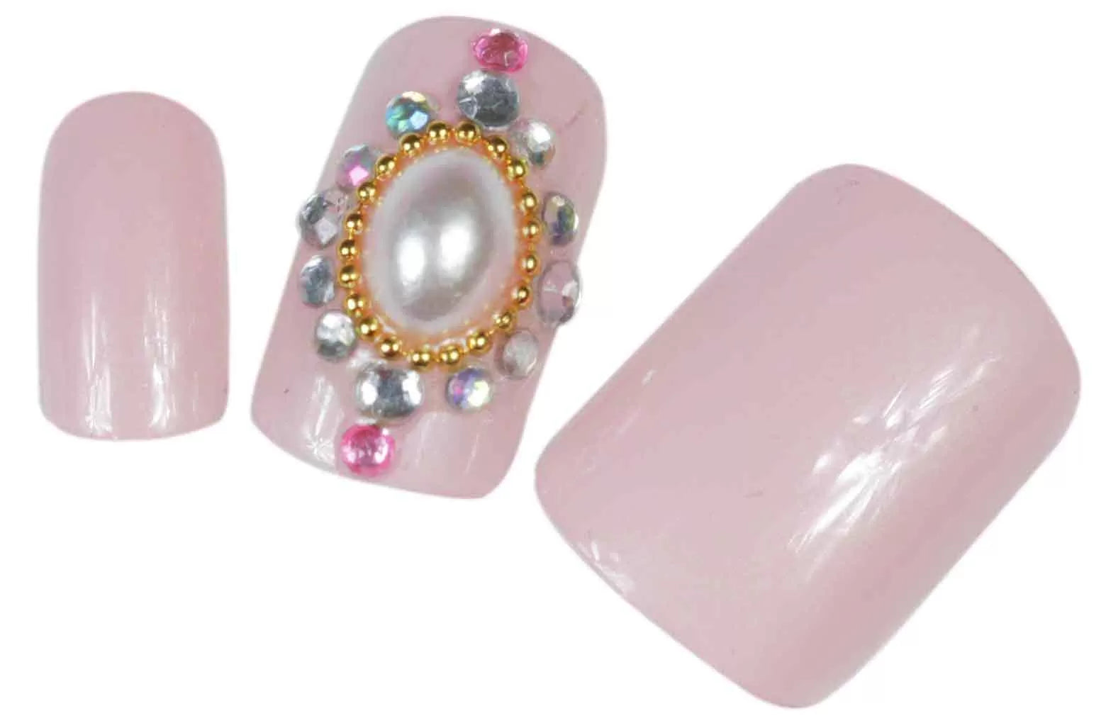 Fake Nails x24 3D Pink+Pearl+Rhinestones - IB